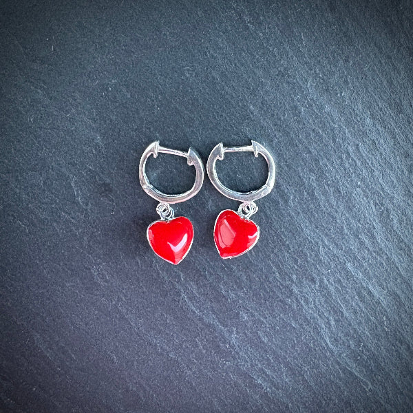 Red love heart Sterling silver hoop earrings