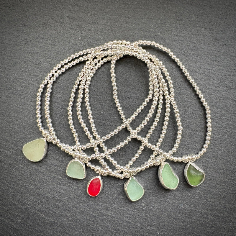 Sea Glass sterling silver beaded stretch bracelets