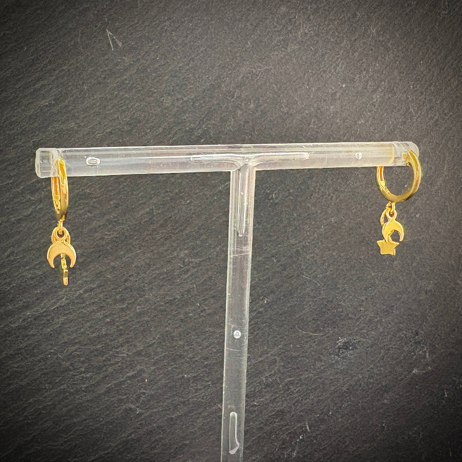 Gold earrings on a clear T-shaped stand against a dark background