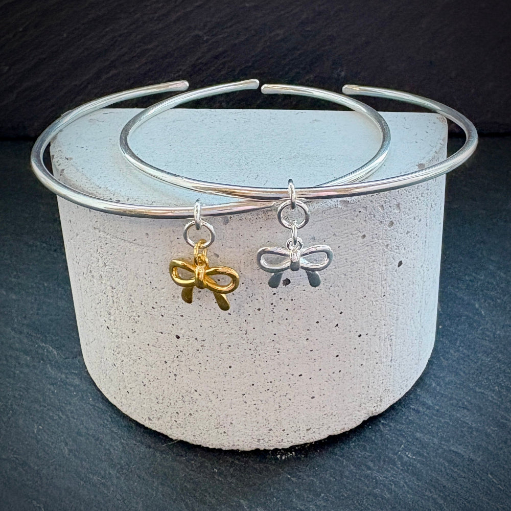 Bow charm Sterling silver bangle gold plated and silver bows