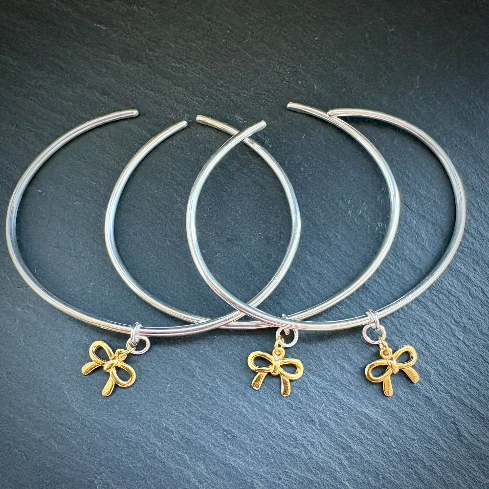 Bow charm Sterling silver bangle gold plated bows