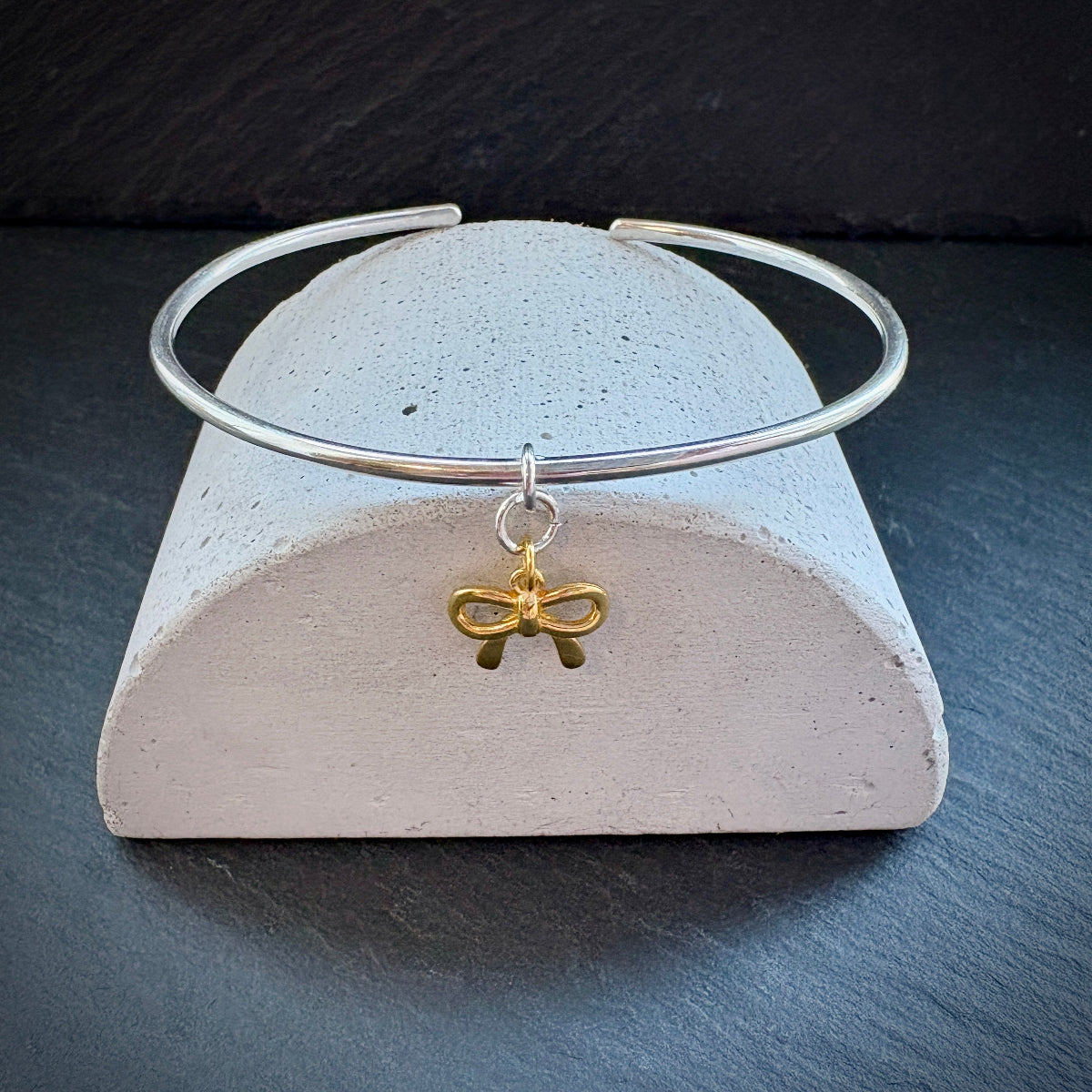 Bow charm Sterling silver bangle gold plated bow