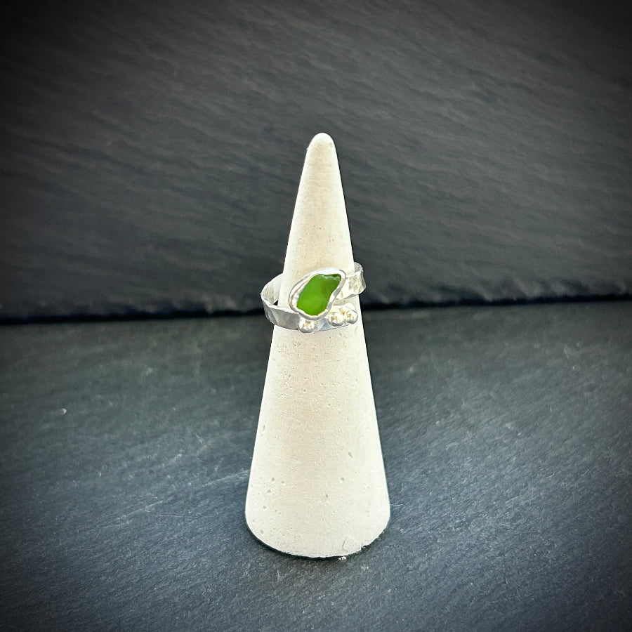 Bright green Sea glass Sterling silver adjustable ring