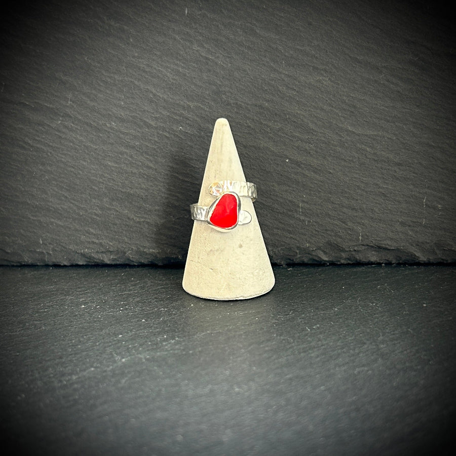 Bright red Sea glass adjustable silver ring