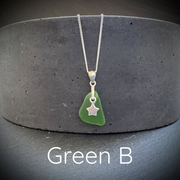 green sea glass necklace with silver star