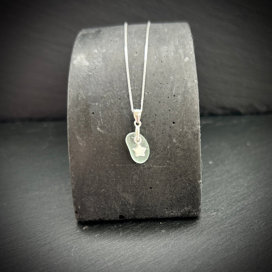 Pale sea blue sea glass star silver necklace