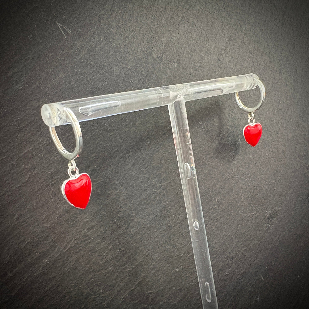 Red heart silver hoop earrings
