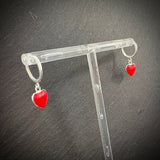 Red heart silver hoop earrings