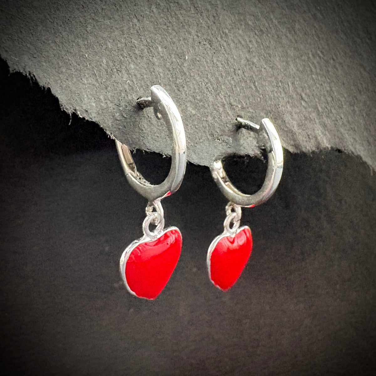 Red heart silver earrings