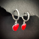 Red heart silver earrings