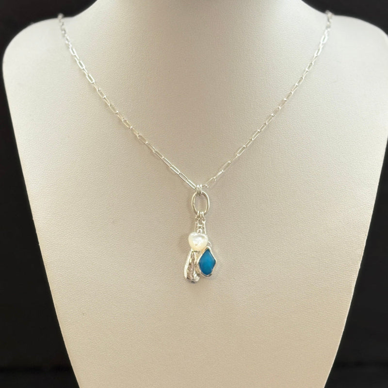 Sea glass Sea Talisman charm necklace with Sterling Silver Paperclip  chain (g)