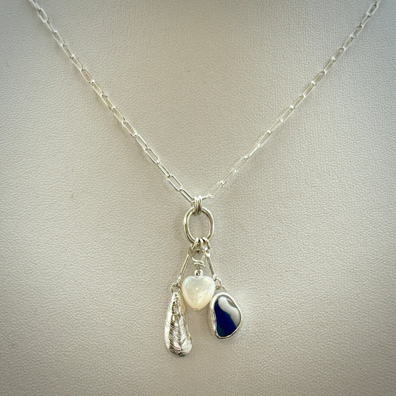 Sea glass Sea Talisman charm necklace with Sterling Silver Paperclip  chain (h)