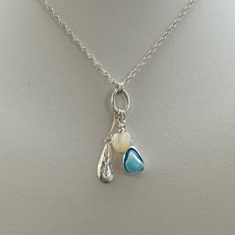 Sea glass Sea Talisman charm necklace with Sterling Silver Rope  chain (f)