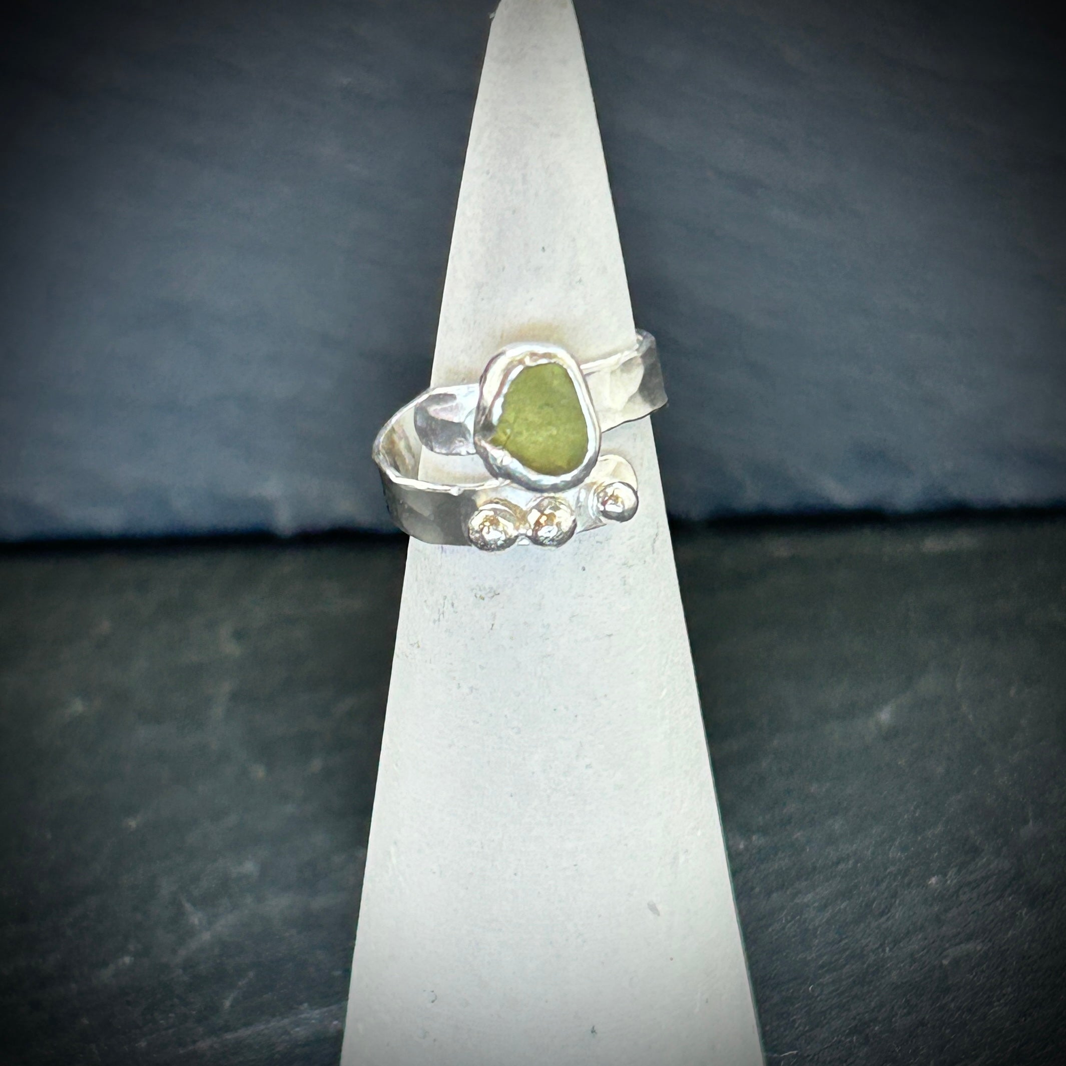 Sea green Sea glass Sterling silver adjustable ring with pebbles