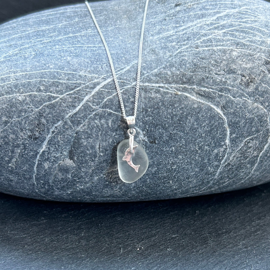 Silver Dolphin sea glass necklace 