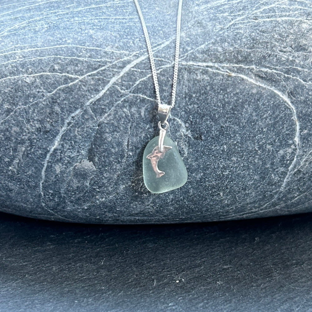 Silver Dolphin sea glass necklace