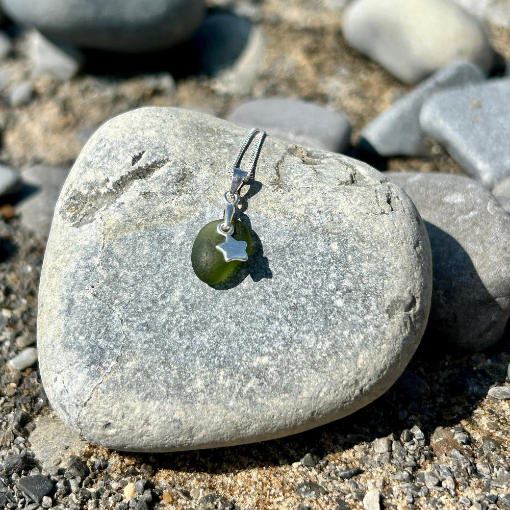 Small sea glass silver necklace Dark Sea Green 