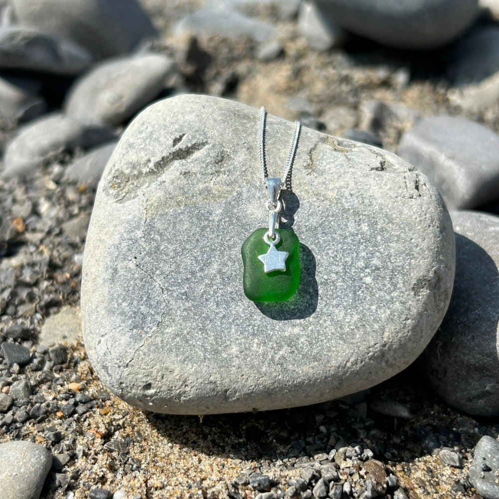 Small sea glass silver necklace  Green a