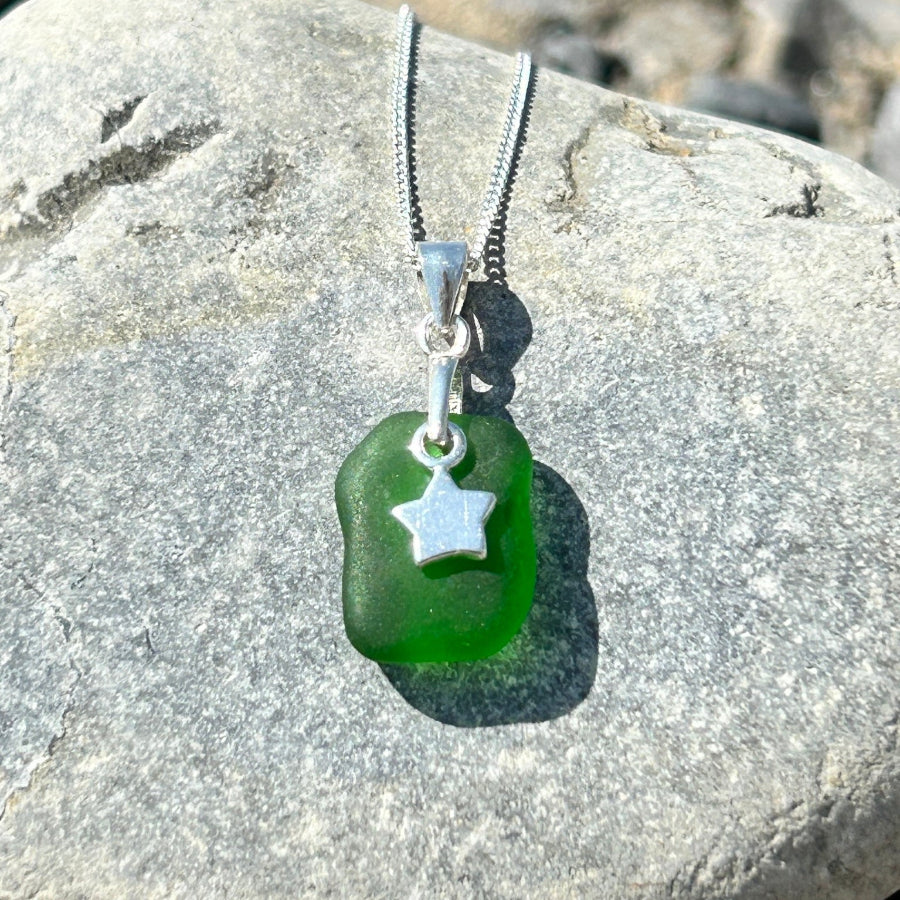 Small sea glass silver necklace Green a with star