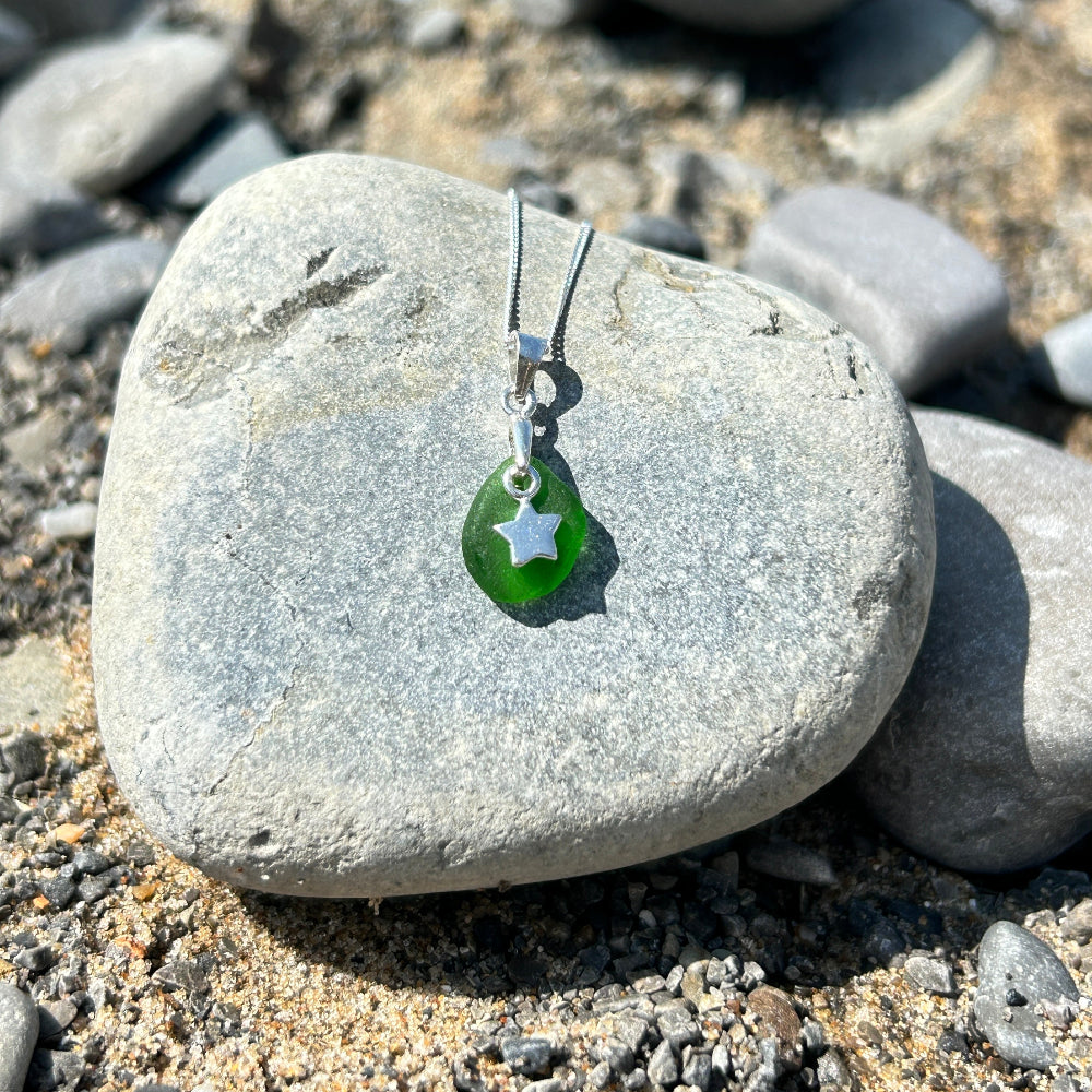 Small sea glass silver necklace Green c