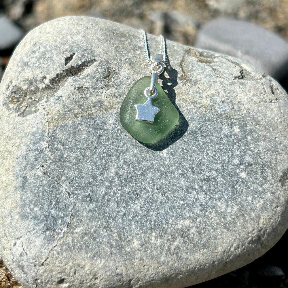 Small sea glass silver necklace Sea Green and silver star
