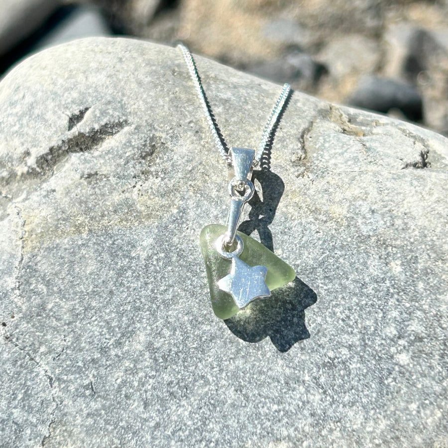 Small sea glass silver necklace Sea Green d with star