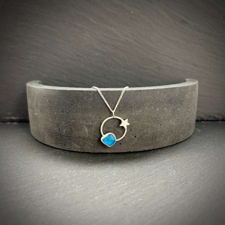 Sterling Silver Star necklace with bright turquoise Sea glass