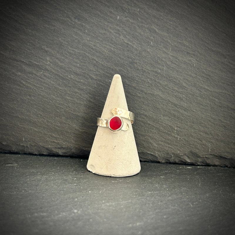 Sterling Silver adjustable ring with bright red Sea glass