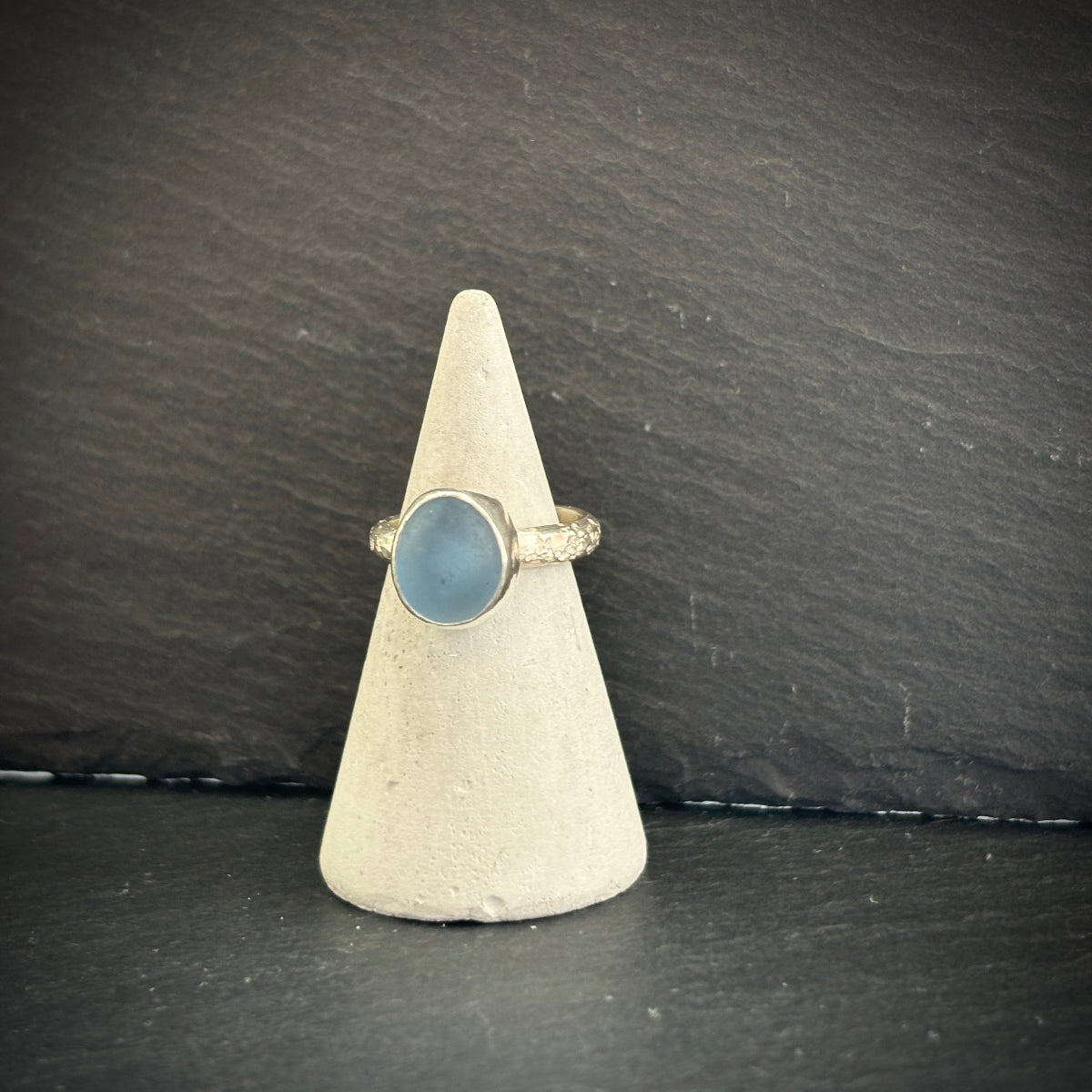 Sterling Silver rock pool Sea glass ring in blue a1