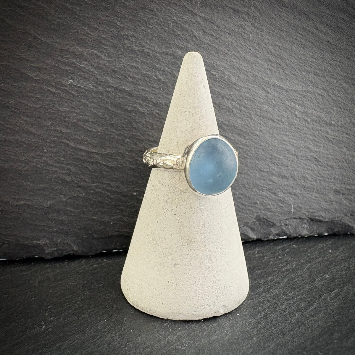 Sterling Silver rock pool Sea glass ring in blue a1