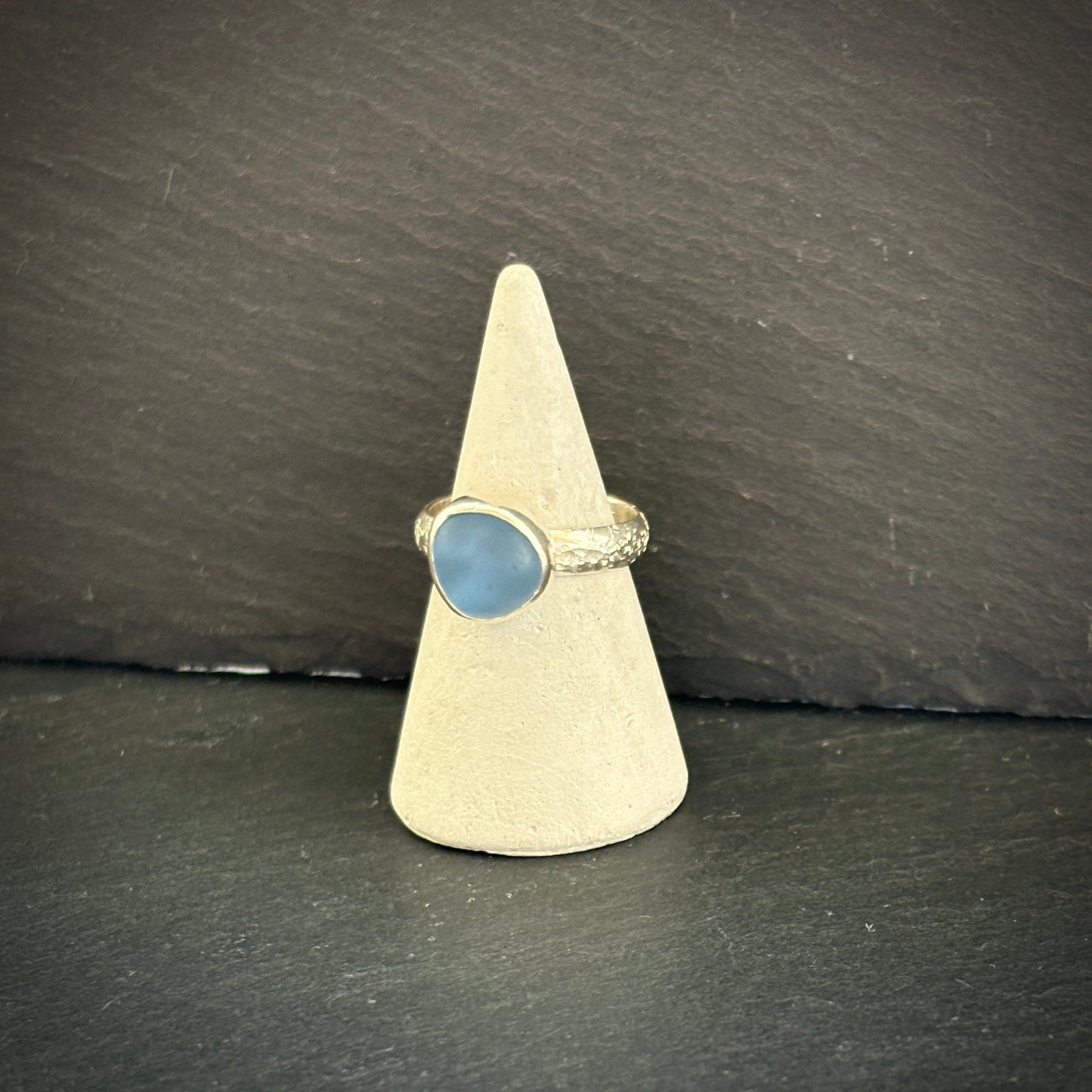 Sterling Silver rock pool Sea glass ring in blue