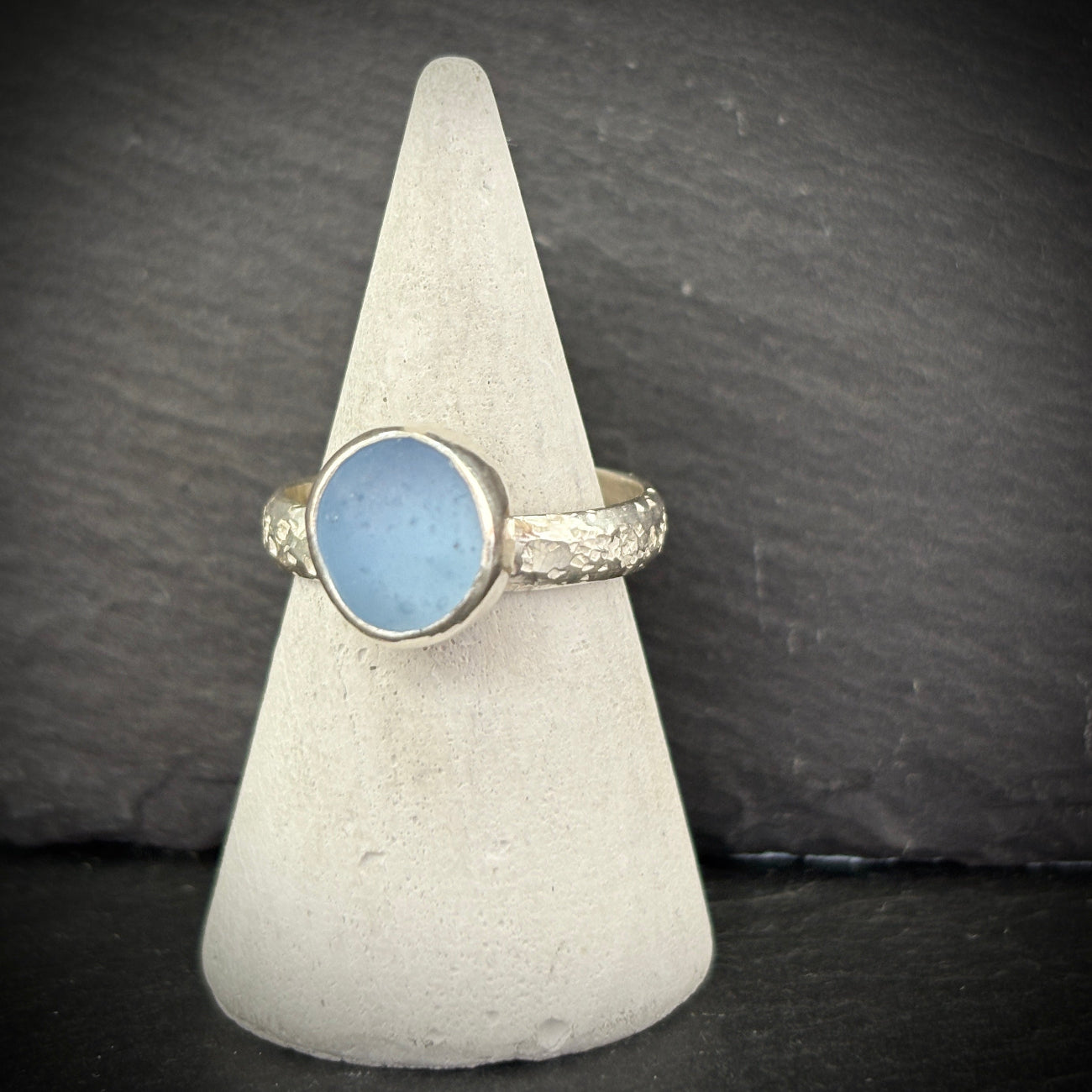 Sterling Silver rock pool Sea glass ring in blue
