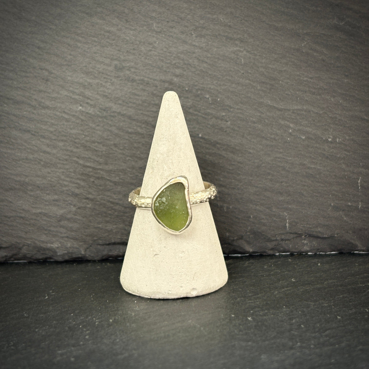Sterling Silver rock pool Sea glass ring in green