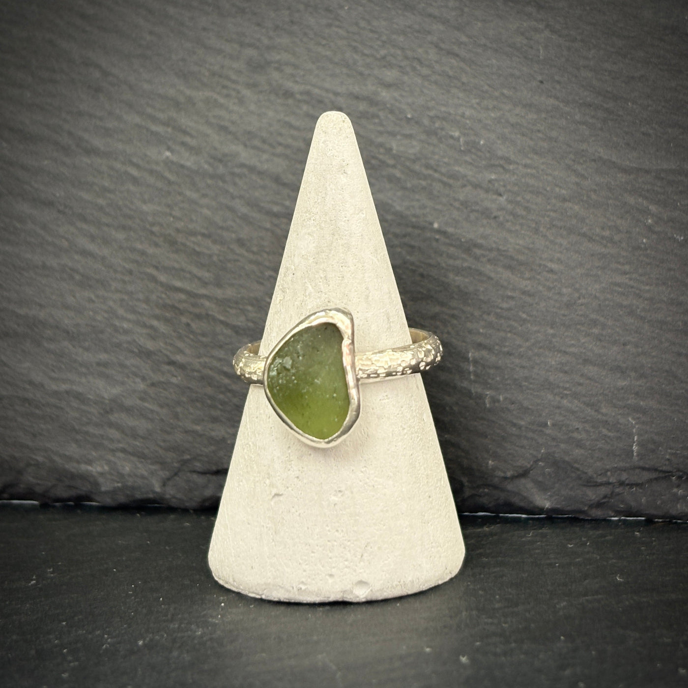 Sterling Silver rock pool Sea glass ring in green