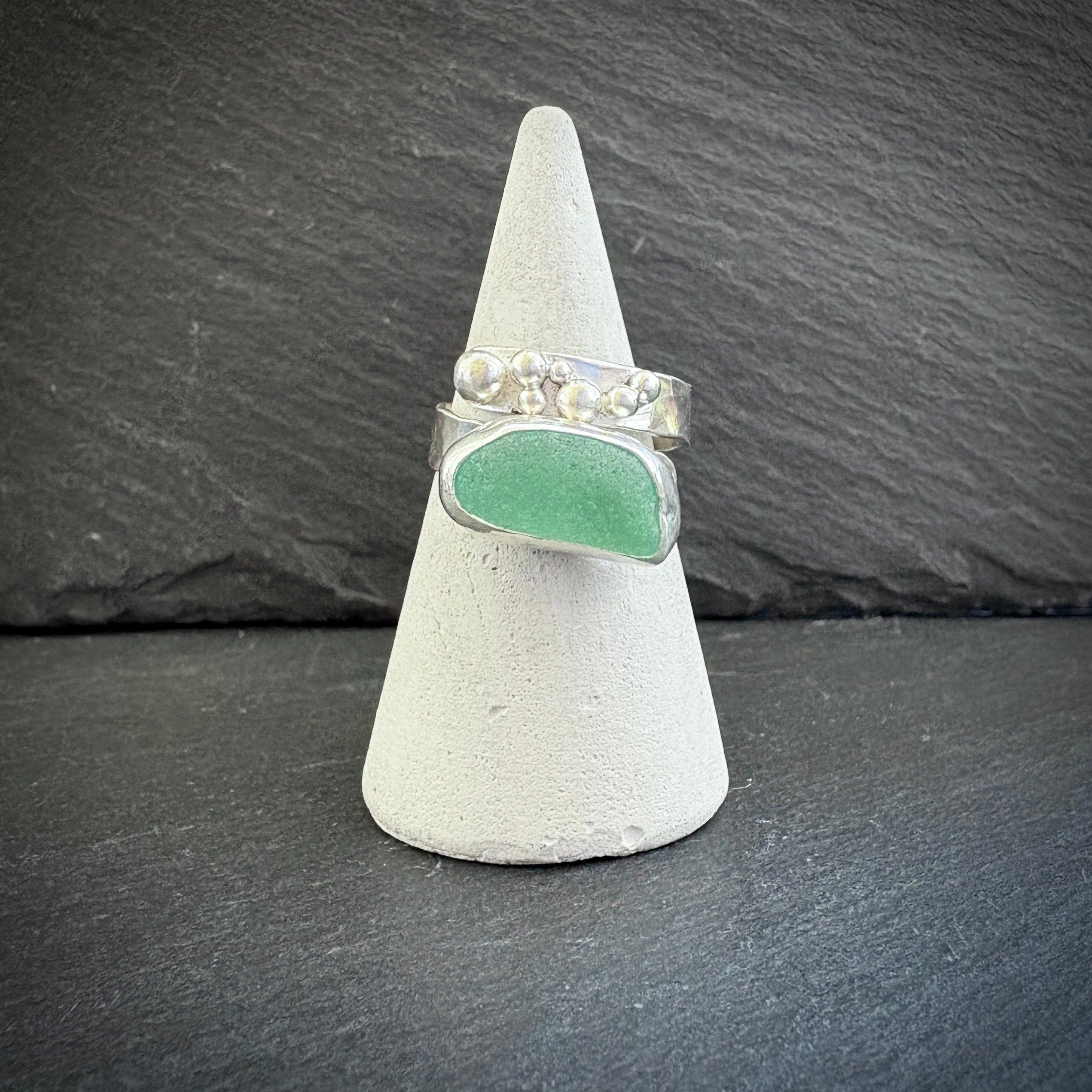 Sterling Silver turquoise Sea glass adjustable ring with silver pebbles