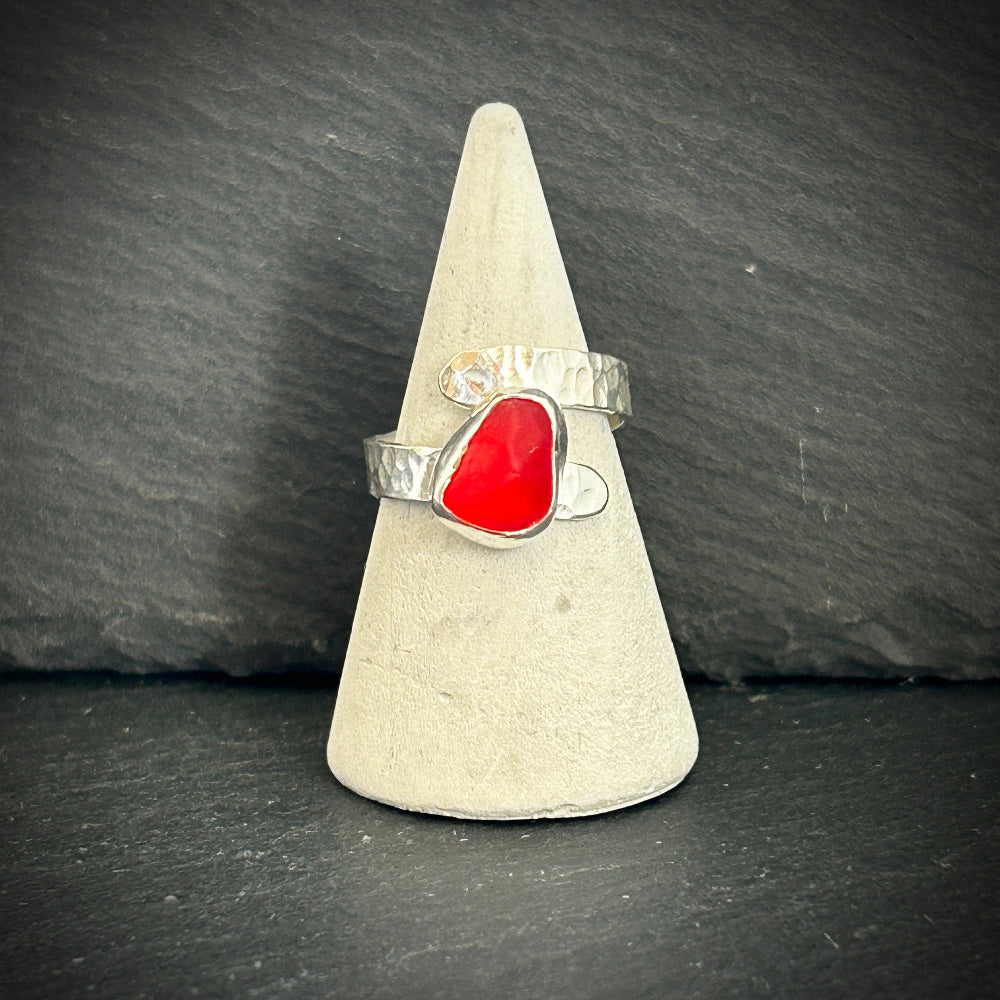 Bright red Sea glass adjustable silver ring