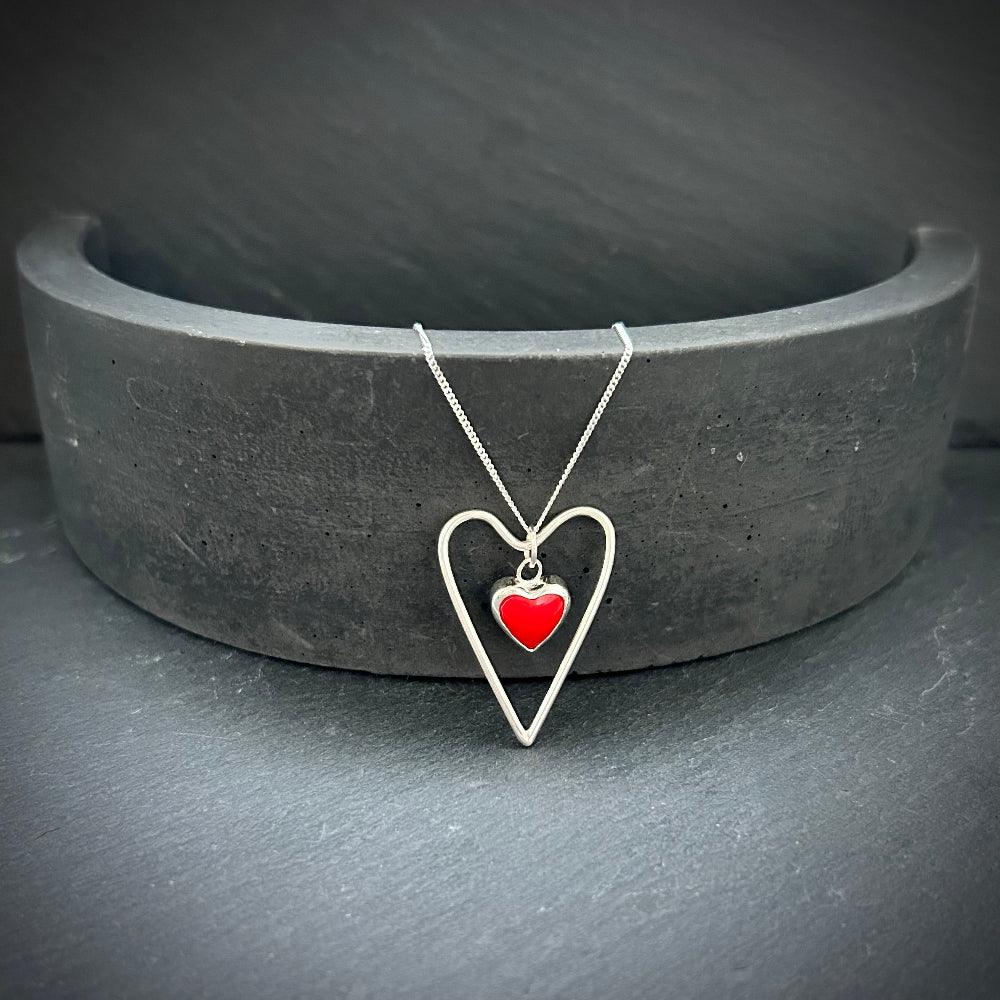 sterling silver red love heart double necklace