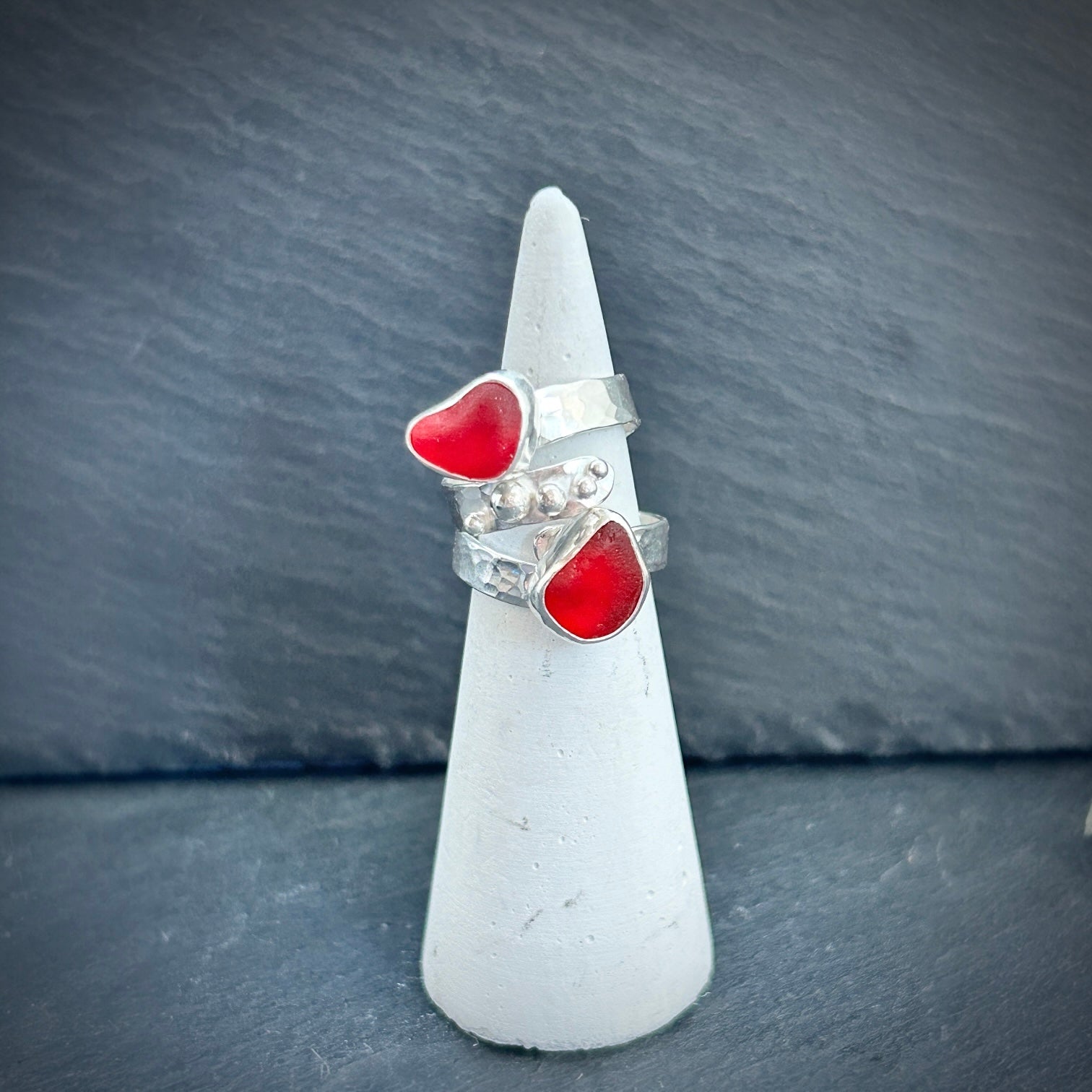bright red sea glass and silver adjustable ring
