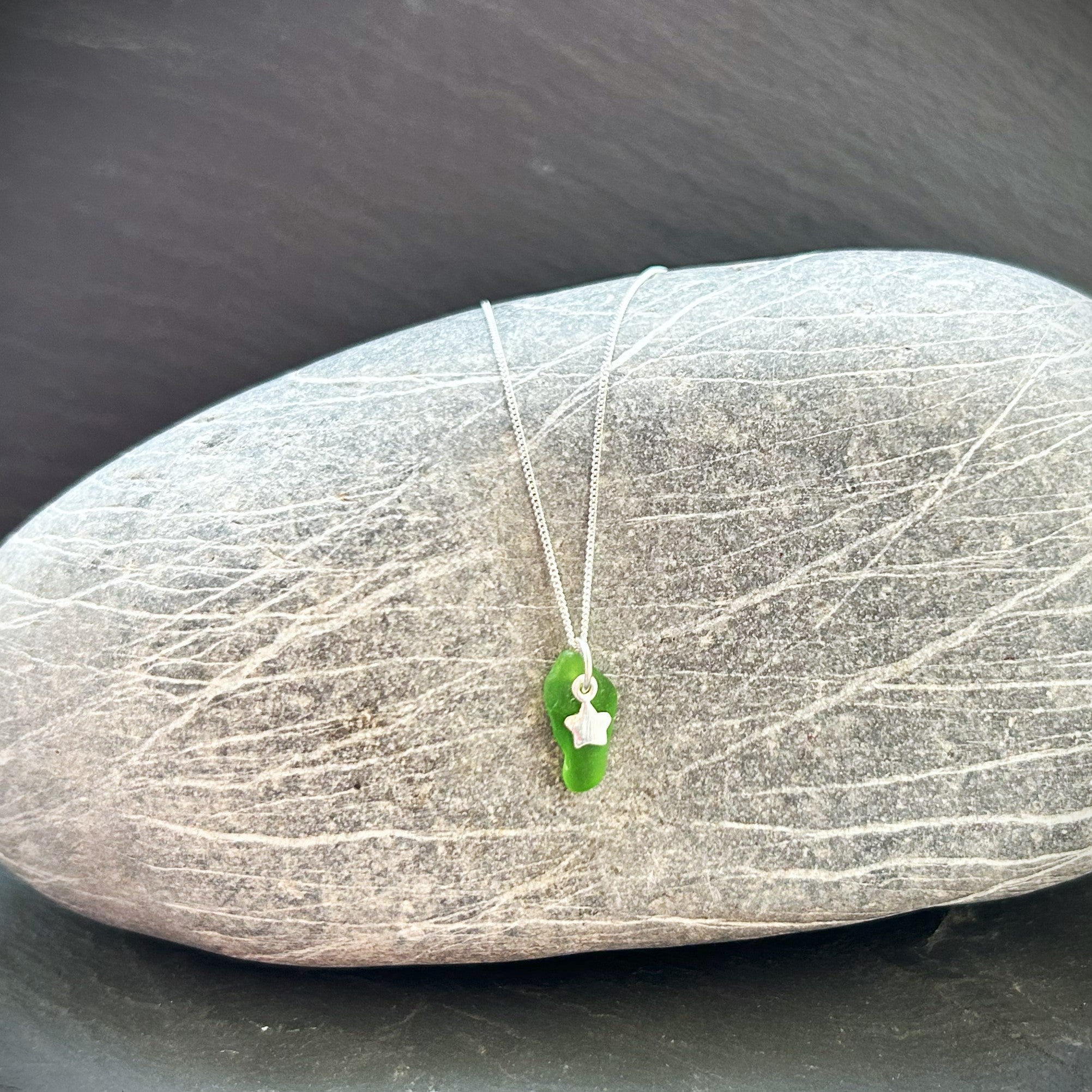 Small bright green sea glass silver necklace