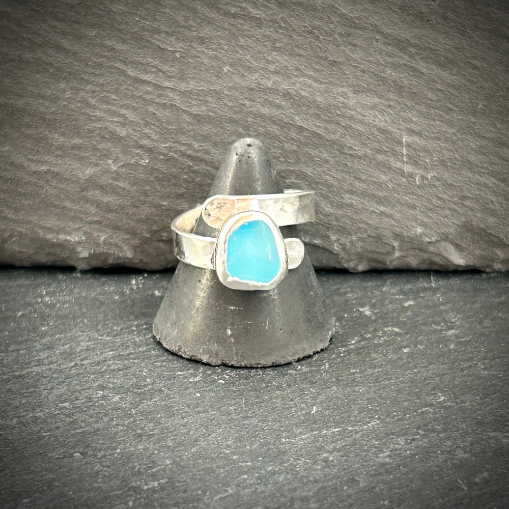 sterling silver Milky turquoise Sea Glass adjustable ring